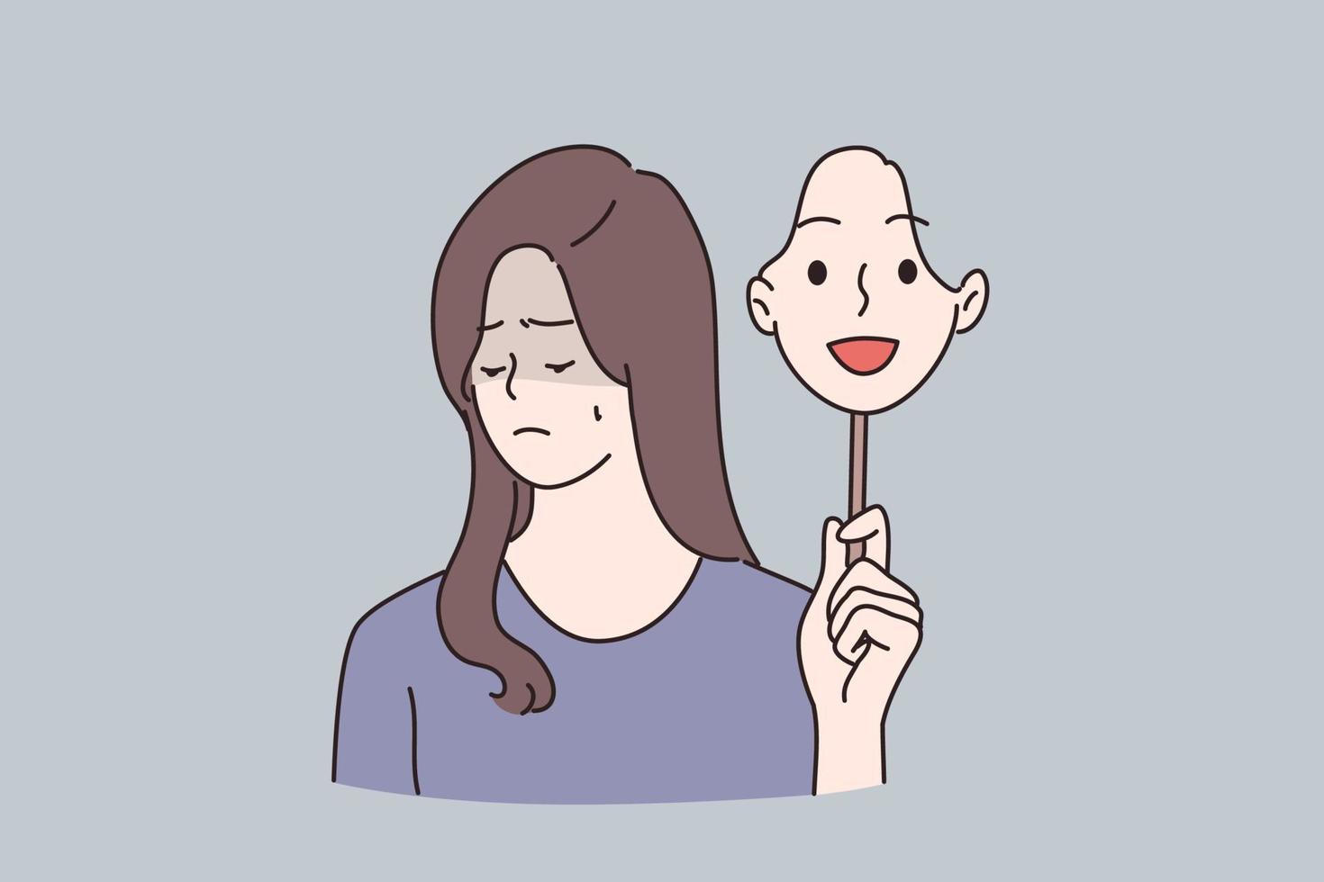 humeur veranderingen, schizofrenie en mentaal problemen concept. portret van jong verdrietig vrouw lijden van meerdere persoonlijkheid aandoeningen Holding gelukkig masker in hand- over- grijs achtergrond vector illustratie