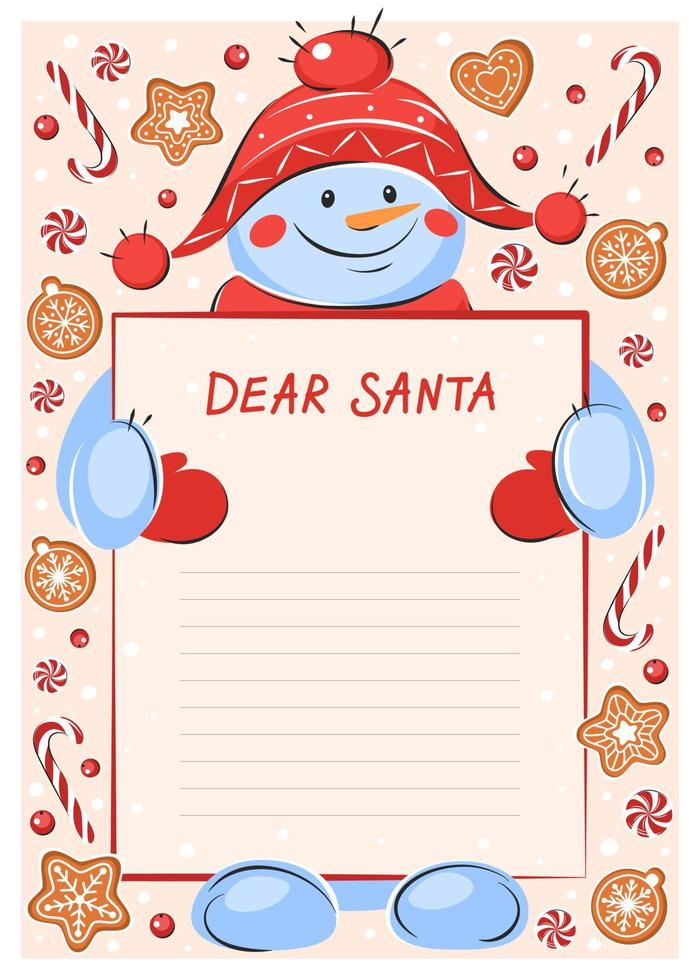 brief naar de kerstman claus. sjabloon met Kerstmis snoepgoed, koekjes en sneeuwman. vector illustratie