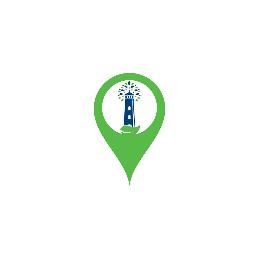 groen vuurtoren kaart pin vorm concept logo sjabloon ontwerp. blad en vuurtoren logo sjabloon vector