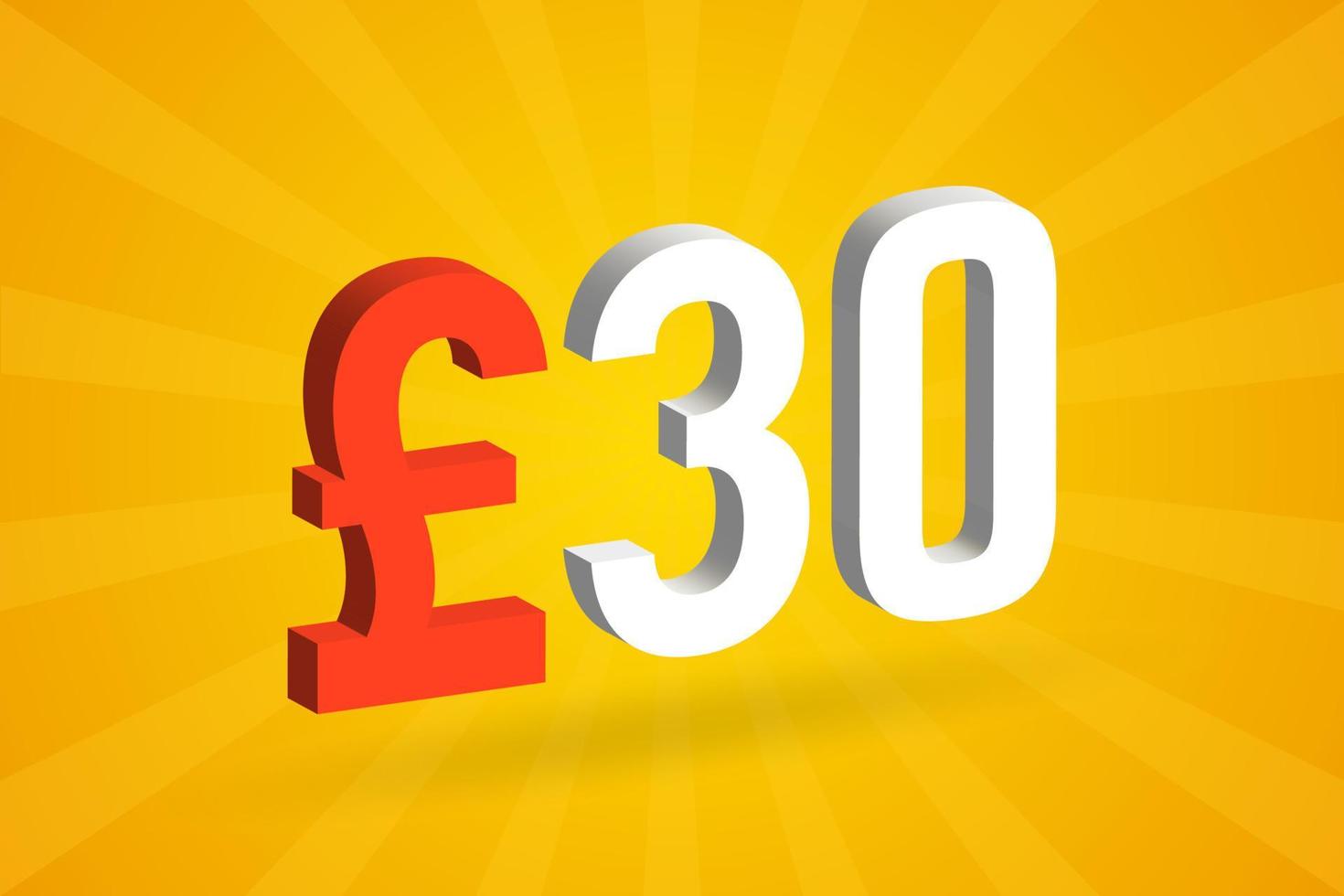 30 pond valuta 3d vector tekst symbool. 3d 30 Brits pond geld voorraad vector