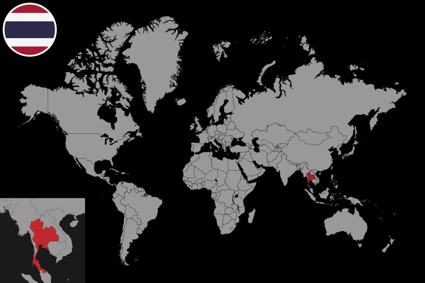 speldkaart met de vlag van thailand op wereldkaart. vectorillustratie. vector