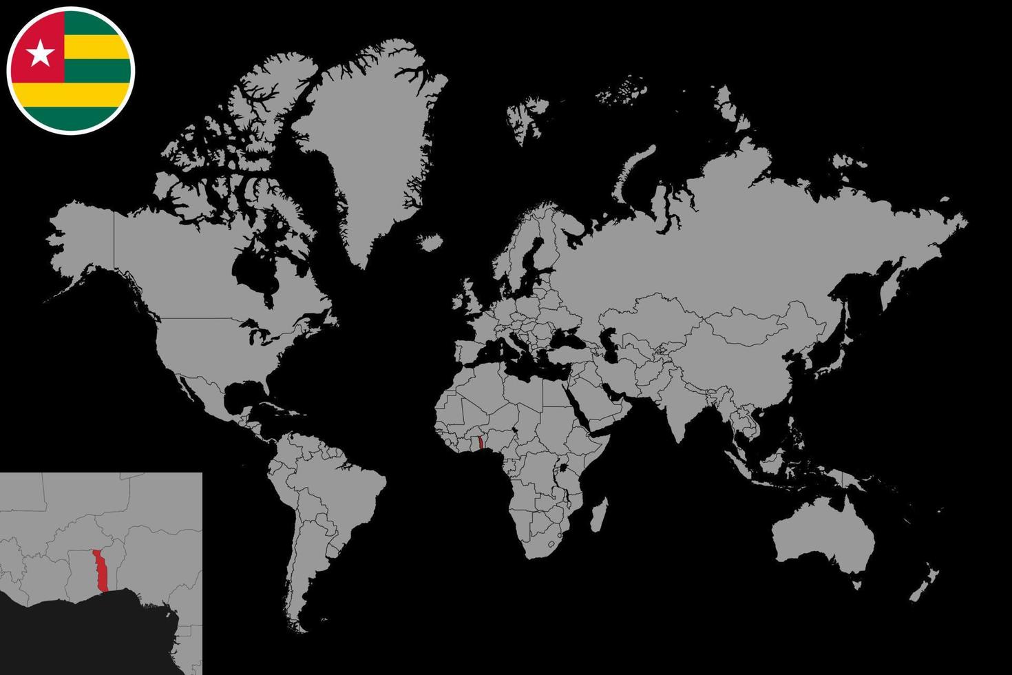 speldkaart met de vlag van togo op wereldkaart. vectorillustratie. vector