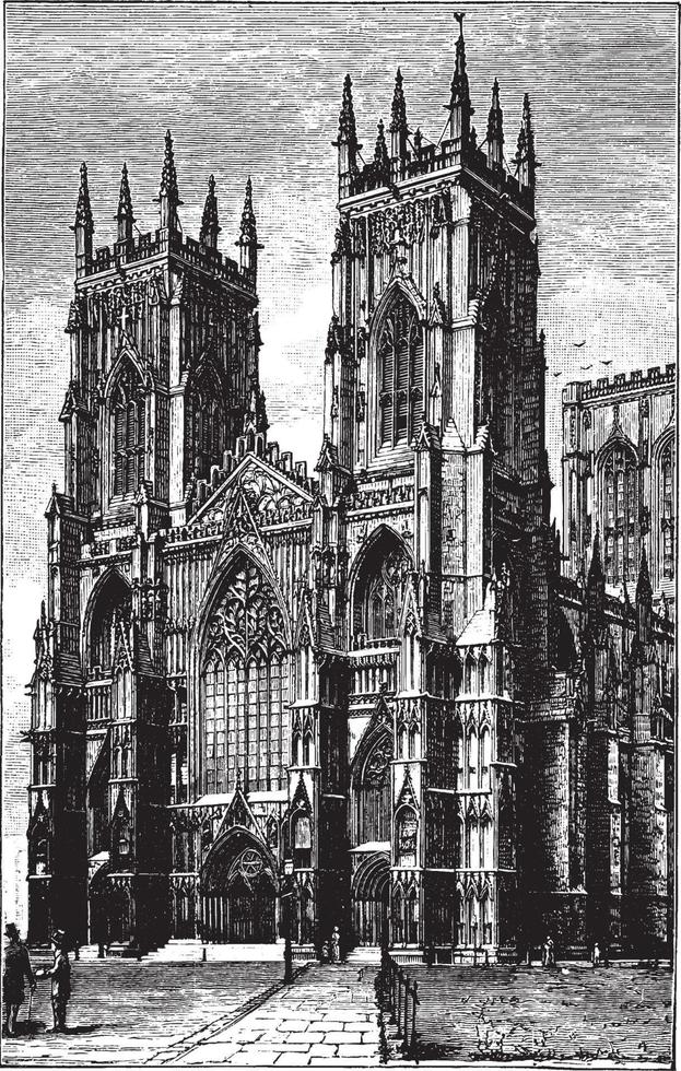 west voorkant van york minster of gotisch kathedraal, wijnoogst gravure. vector