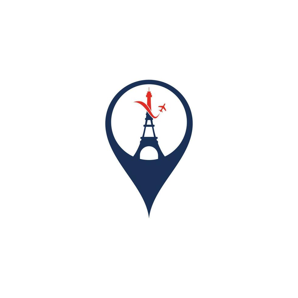 Frankrijk reizen kaart pin vorm concept logo ontwerp. Parijs eiffel toren met vlak voor reizen logo ontwerp vector