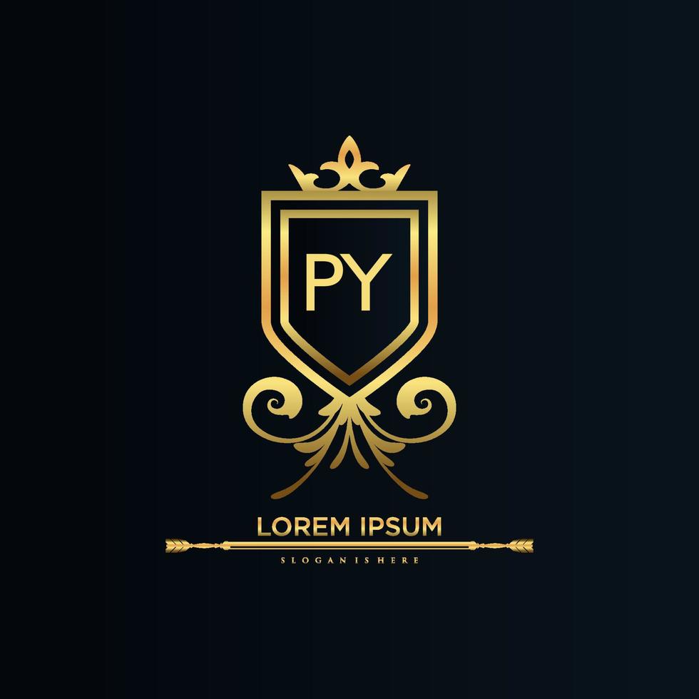 py brief eerste met Koninklijk sjabloon.elegant met kroon logo vector, creatief belettering logo vector illustratie.
