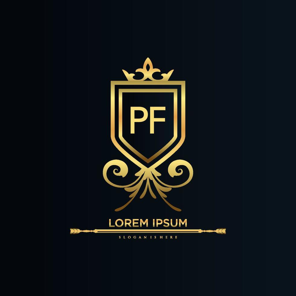 pf brief eerste met Koninklijk sjabloon.elegant met kroon logo vector, creatief belettering logo vector illustratie.