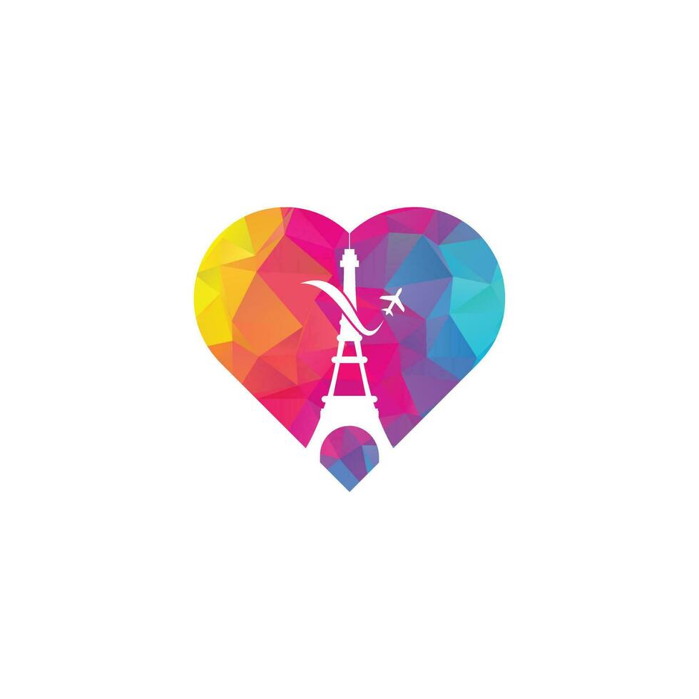 Frankrijk reizen hart vorm concept logo ontwerp. Parijs eiffel toren met vlak voor reizen logo ontwerp vector