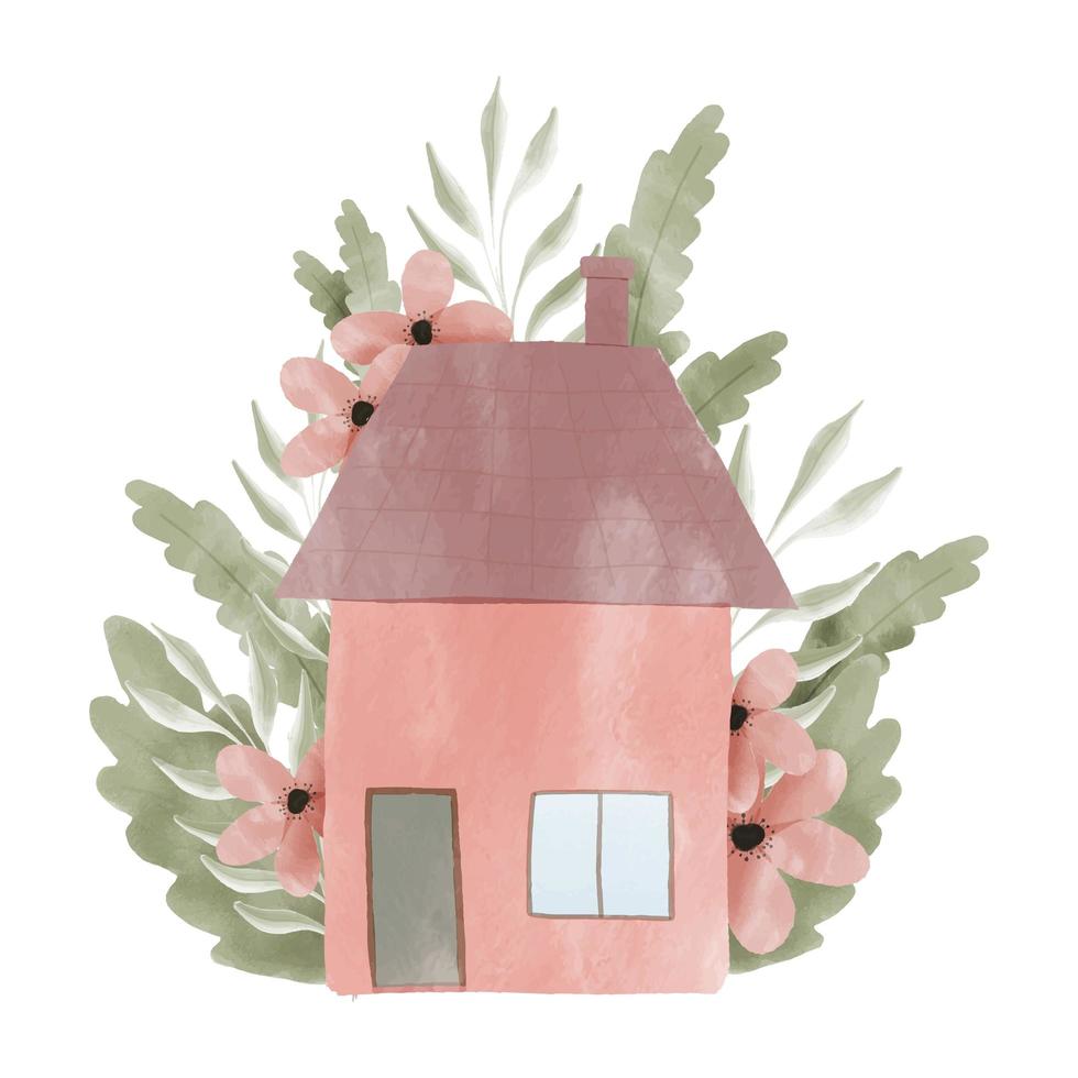 aquarel van schattig huis met bloemendecoratie vector