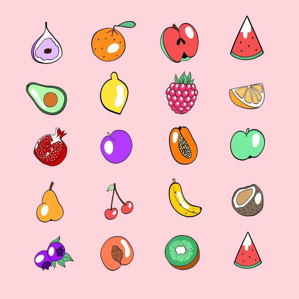 icoon reeks van vruchten. verschillend kleurrijk fruit - banaan, appel, Peer, oranje, perzik, pruim, watermeloen, kers, citroen, kokosnoot. natuurlijk tropisch fruit. hand- getrokken vector illustratie