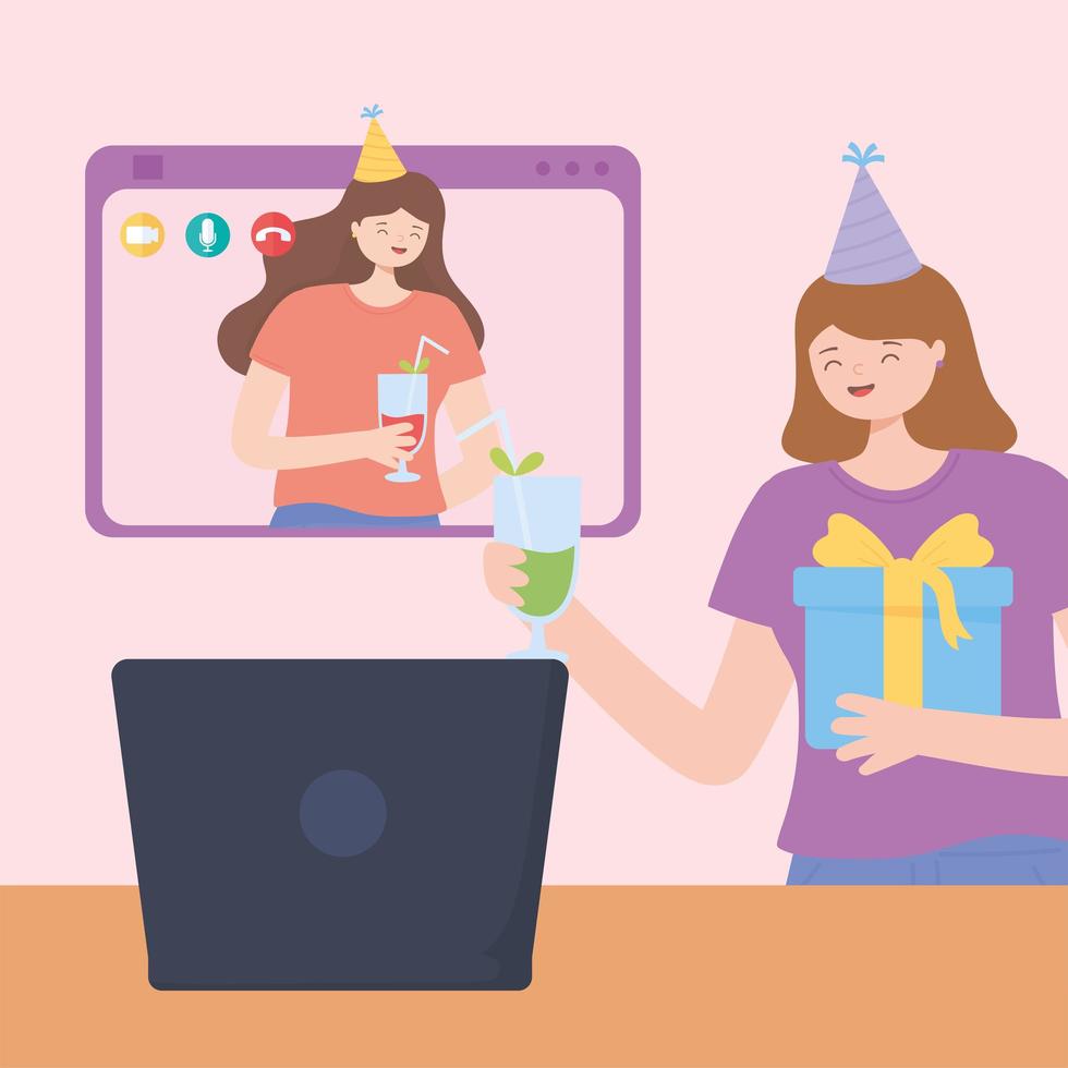 online feest. jonge vrouwen die verjaardag vieren met laptop vector