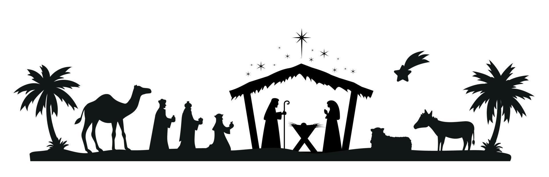 Kerstmis geboorte tafereel met baby Jezus, Maria en Joseph in de kribbe.traditioneel christen Kerstmis verhaal. vector illustratie voor kinderen. eps 10