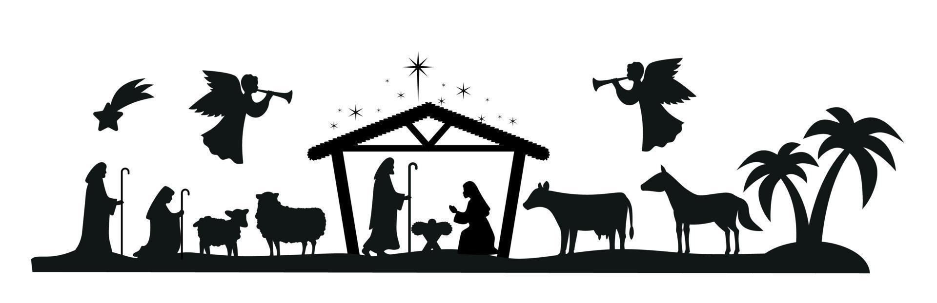 Kerstmis geboorte tafereel met baby Jezus, Maria en Joseph in de kribbe.traditioneel christen Kerstmis verhaal. vector illustratie voor kinderen. eps 10