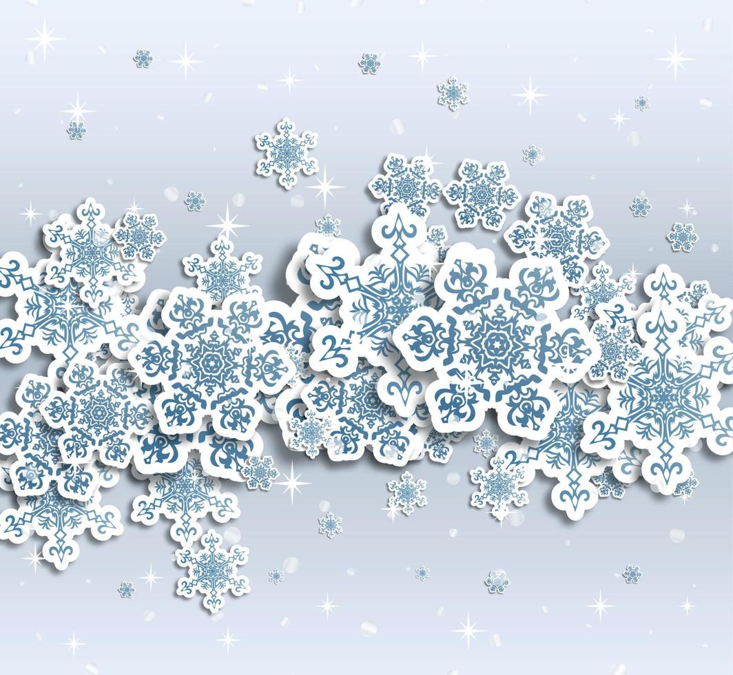 Kerstmis groet kaart met type ontwerp en decoraties Aan de besneeuwd blauw achtergrond. vector illustratie.