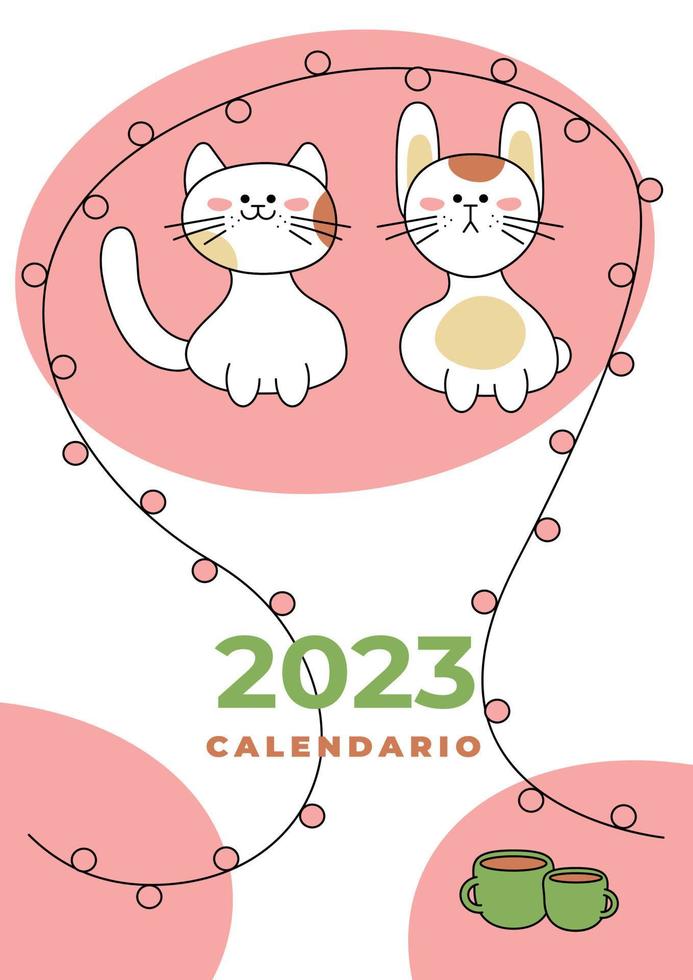 kalender omslag. schattig en grappig symbolen van 2023 kat en konijn, slinger met ballen, cups van thee, abstract ovalen. tekenfilm vector illustratie.