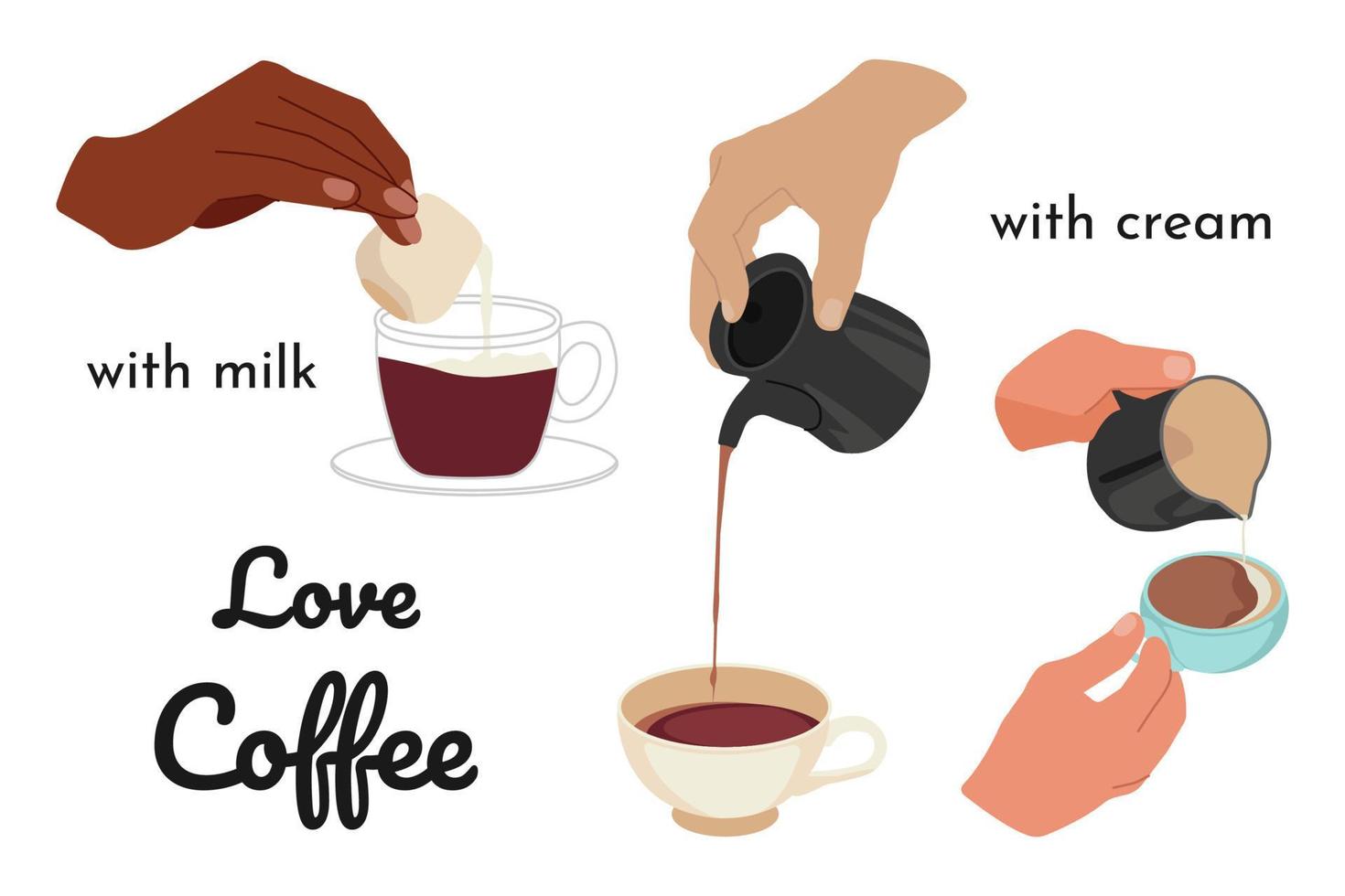 handen gieten koffie, room, melk in mokken. vector illustratie. cafeïne concept. geïsoleerd elementen Aan een wit achtergrond.
