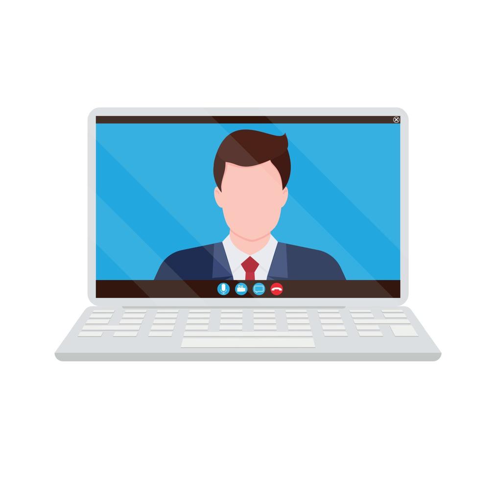 webinar online vergadering concept, afgelegen werken of werk van huis en overal, Mens gebruik makend van video conferentie via laptop computer scherm, vlak vector illustratie
