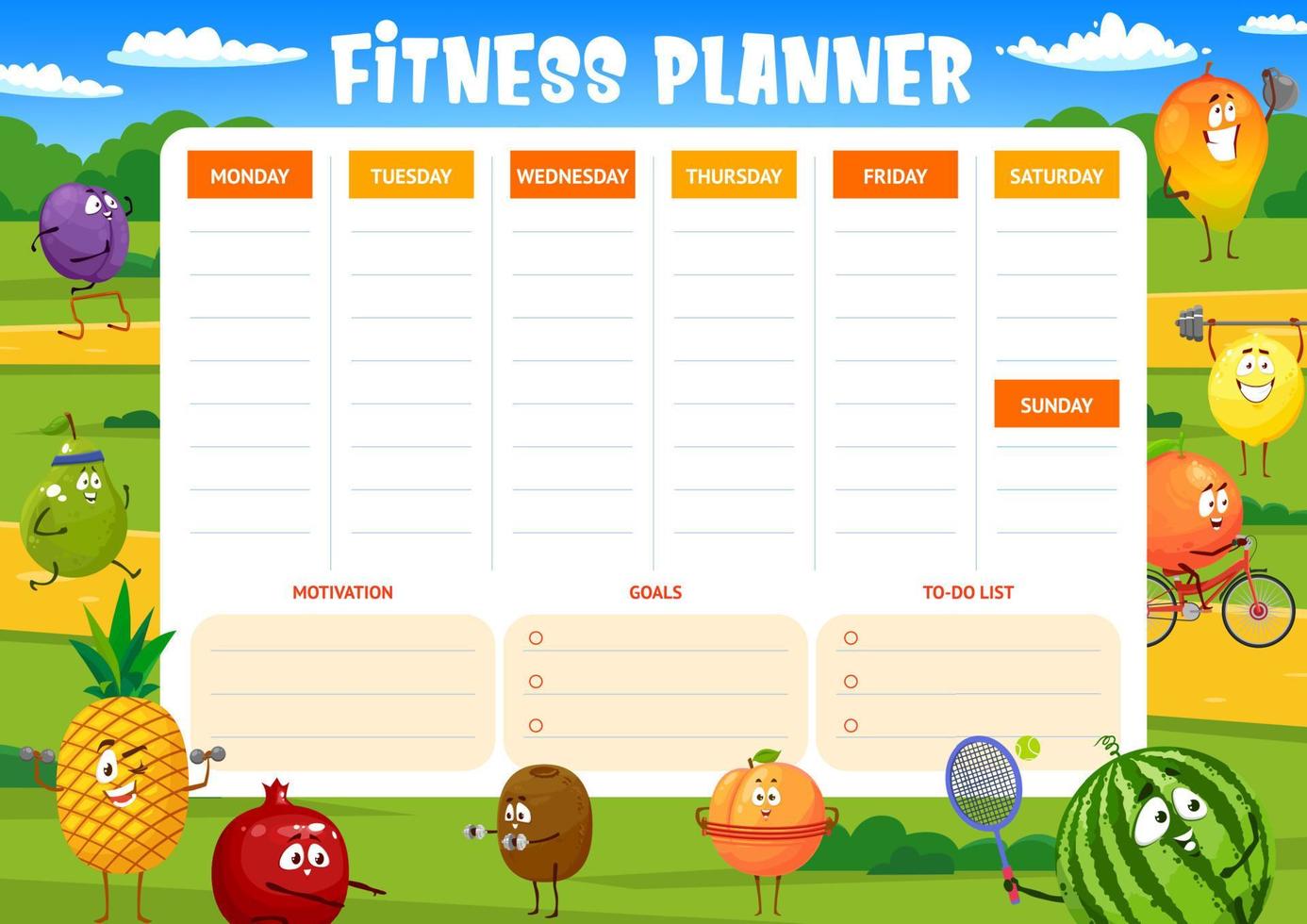 geschiktheid wekelijks planner, tekenfilm fruit sporters vector