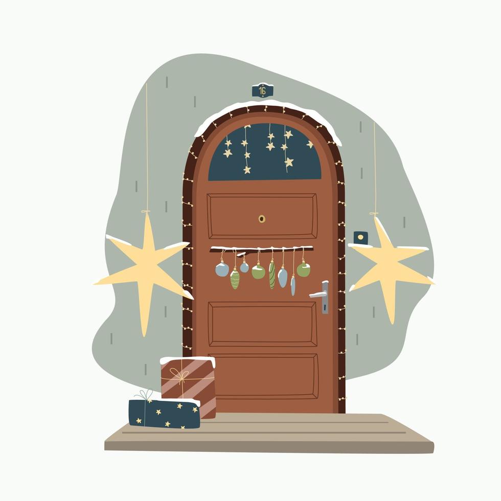 Kerstmis versierd huis voorkant deur. Kerstmis boom door de huis deur met krans en deco voor feest. ansichtkaart, uitnodiging of moeilijke vraag voor nieuw jaar en vrolijk kerstmis. vector