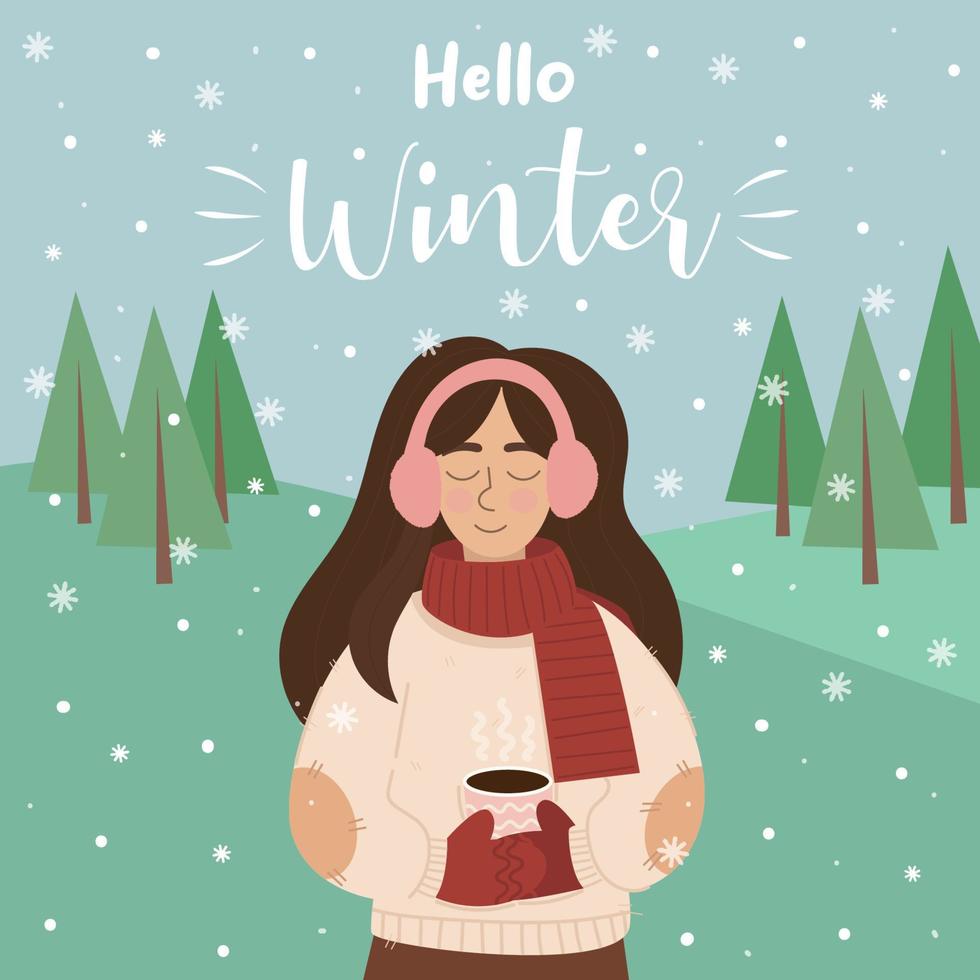 vrouw, meisje in winter kleding met kop van heet drinken in haar handen. vallend sneeuwvlokken. meisje in warm lap. winter humeur. Hallo winter. vector illustratie.