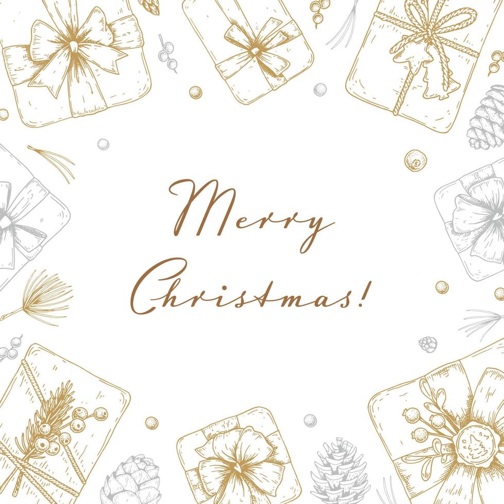 vrolijk Kerstmis en gelukkig nieuw jaar plein groet kaart met hand- getrokken gouden sterren en speelgoed Aan wit achtergrond. vector illustratie in schetsen stijl