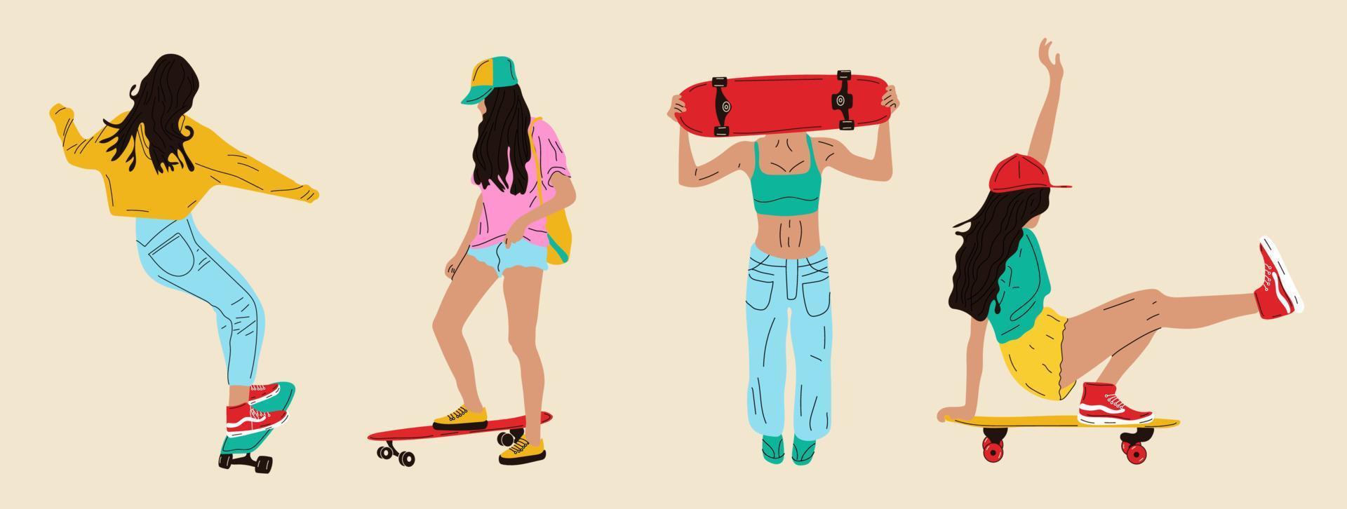 de skateboarders set. meisje surfen Aan skateboard of longboard. gebruikt voor folder, banier sporting evenementen, inpakken sport- goederen. tekenfilm vlak vector illustratie geïsoleerd voorwerp