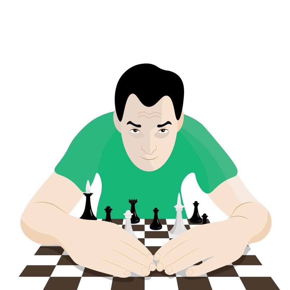 een Mens met een boos uitdrukking zetten zijn handen Aan de schaakbord, de vent afgeschermd de schaakbord van onbekenden, vlak vector, isoleren Aan wit vector
