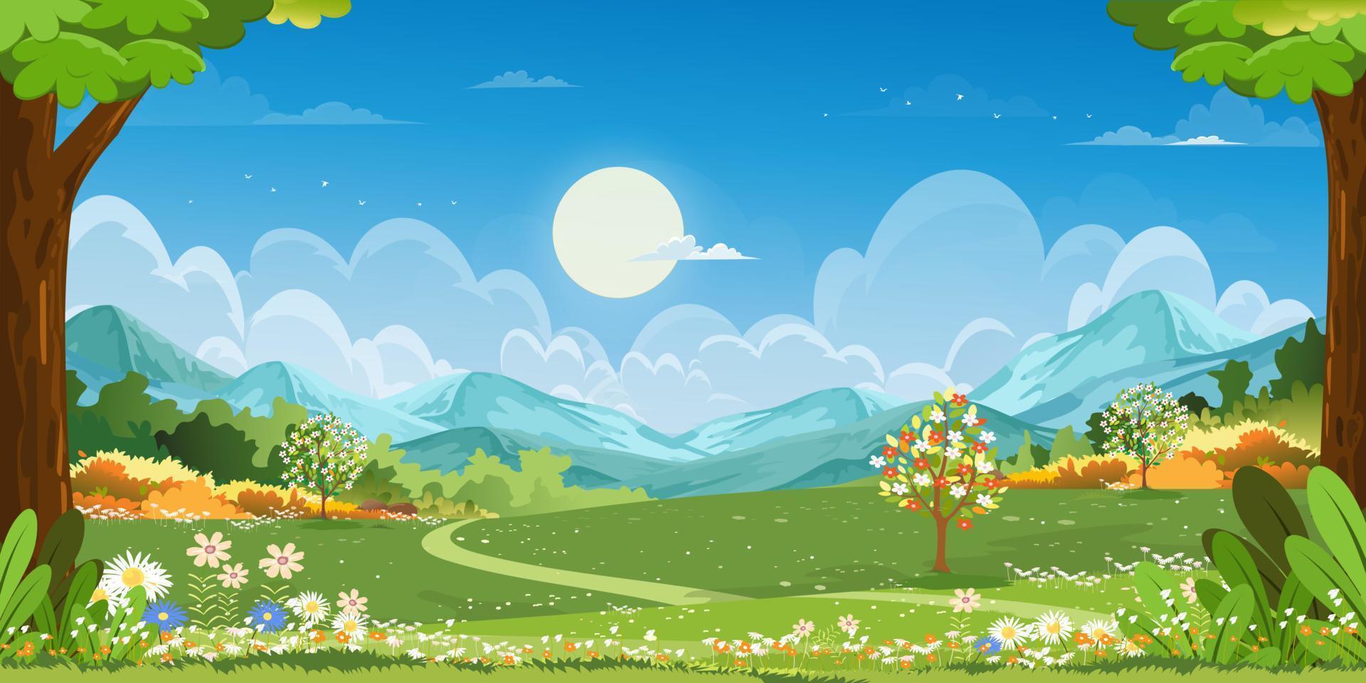 natuur voorjaar landelijk landschap van groen velden weide Aan heuvels met wolken en blauw hemel, vector tekenfilm panorama zonnig dag zomer, panoramisch natuurlijk platteland met bergen, wild bloemen veld-
