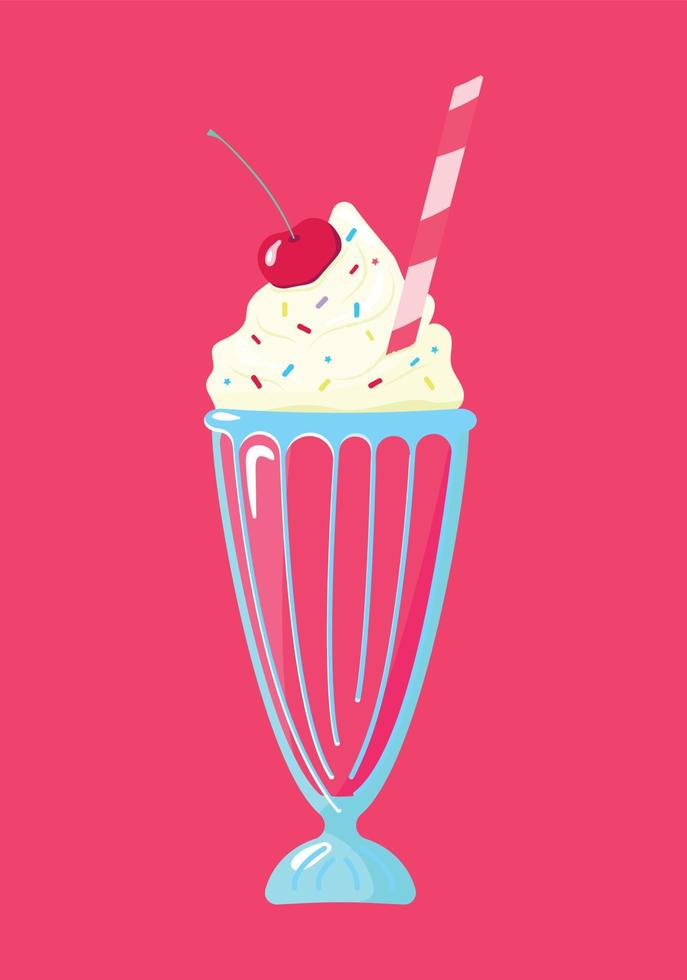 kers milkshake. vector illustratie van milkshake met geslagen room en kersen voor menu ontwerp of voor reclame. melk toetje versierd met kersen en gekleurde hagelslag, met een rietje.