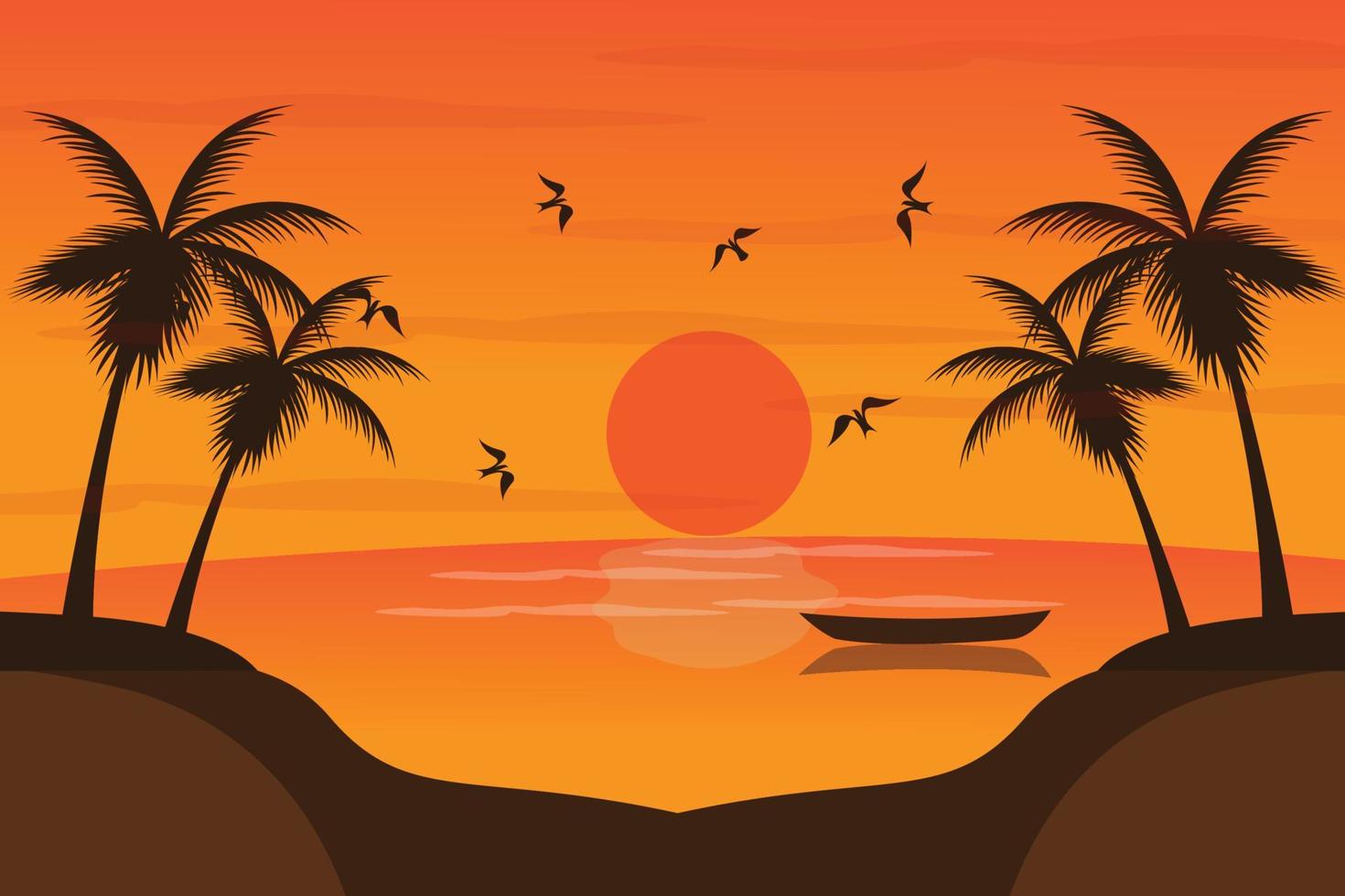 de visie van de strand Bij zonsondergang met de silhouet van de kokosnoot boom vector