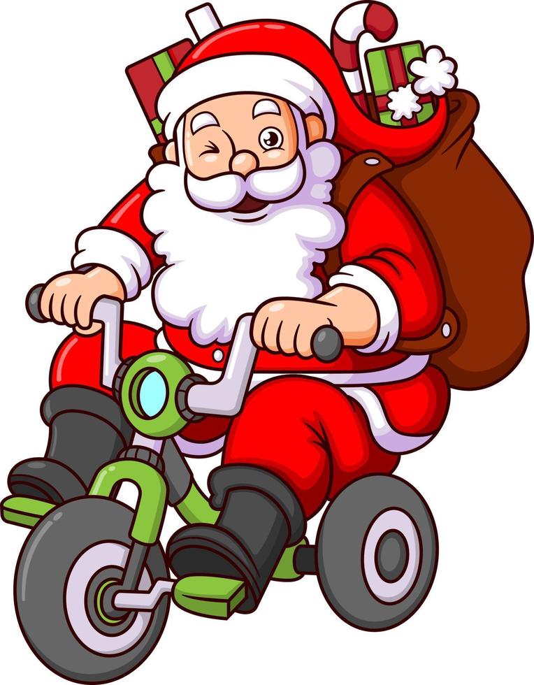 de schattig de kerstman claus is rijden Aan een fiets en draag- cadeaus terwijl knipogen vector