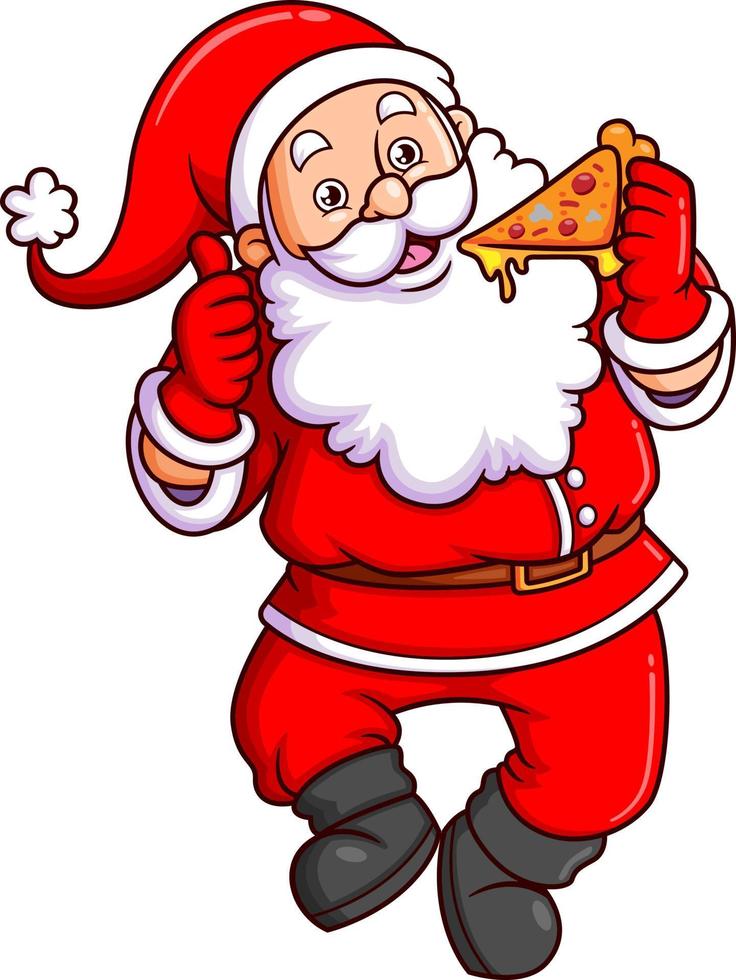 de de kerstman claus is aan het eten heel heerlijk pizza en geven duim omhoog vector