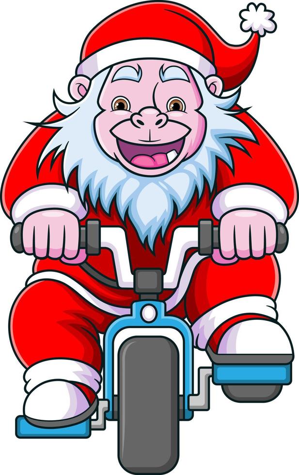 de gelukkig yeti dwerg met de de kerstman claus kostuum is spelen en wielersport de fiets vector