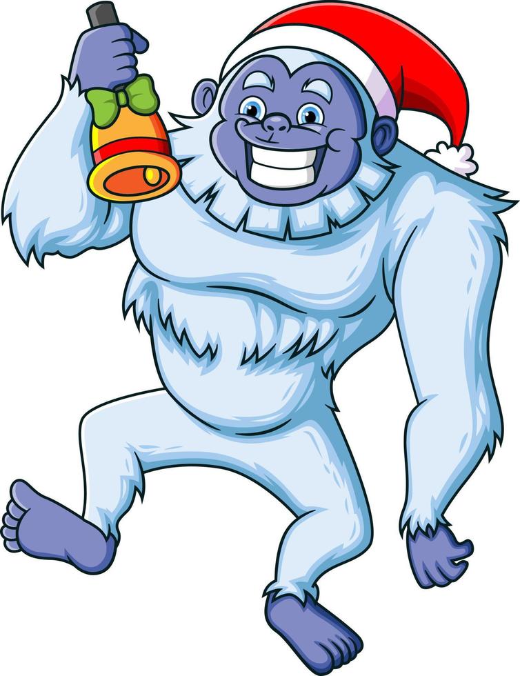 de schattig groot yeti is spelen met de Kerstmis klok en glimlachen met de gelukkig uitdrukking vector