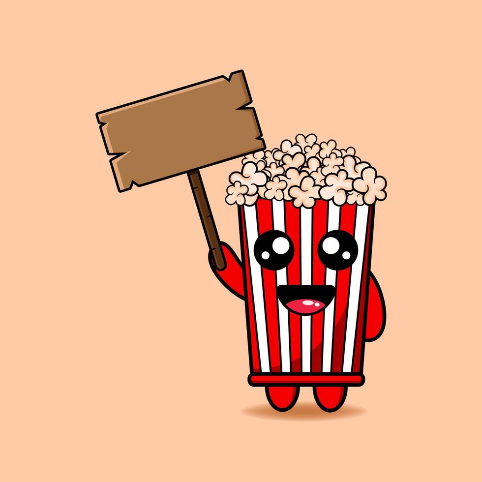 schattig popcorn draag- een blanco tekst bord ontwerp mascotte kawaii vector