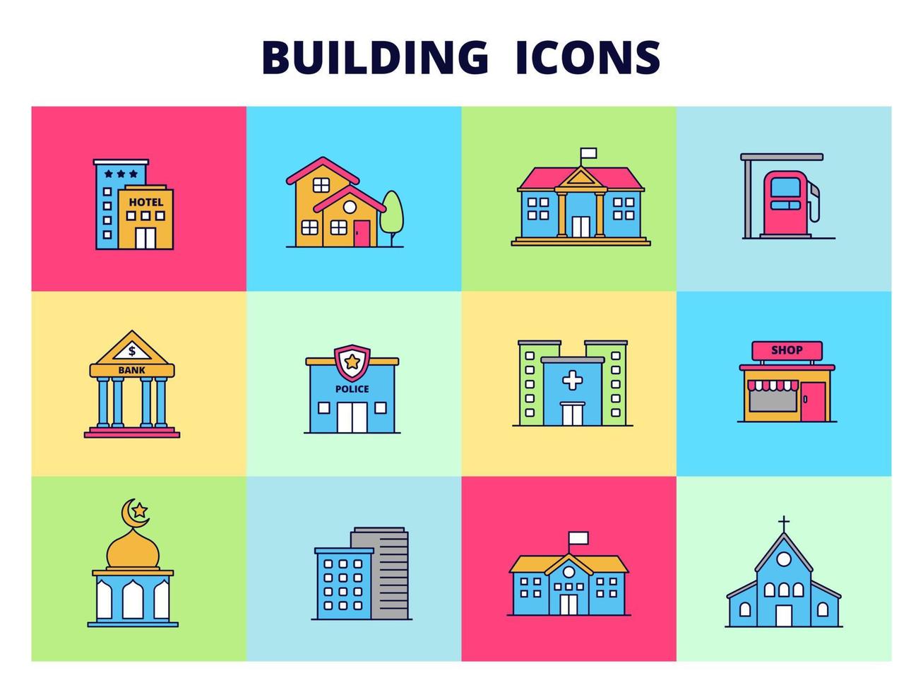 reeks van gebouw pictogrammen met een kleurrijk ontwerp. gebouwen vector illustratie collecties