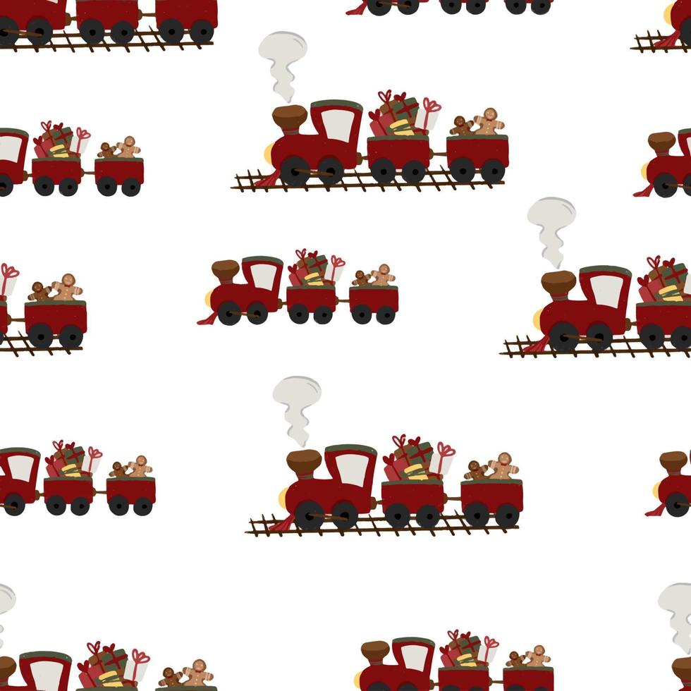 naadloos patroon schattig Kerstmis locomotief met cadeaus vector