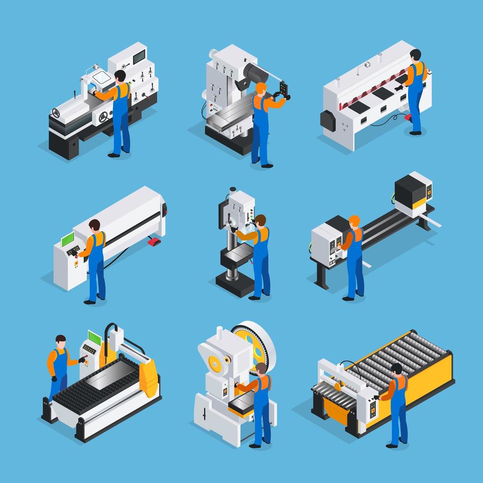 isometrische set metaalbewerkingsmachines en mensen vector