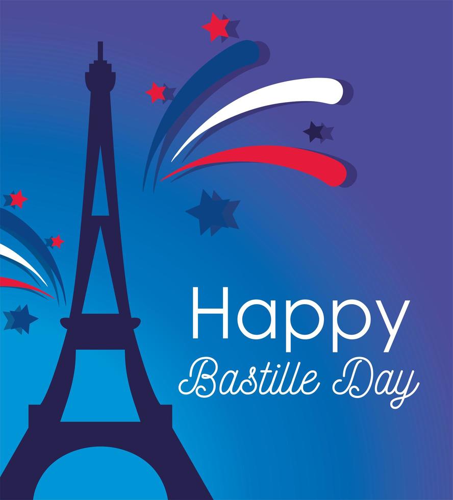 Eiffeltoren met vuurwerk van happy bastille-dag vector