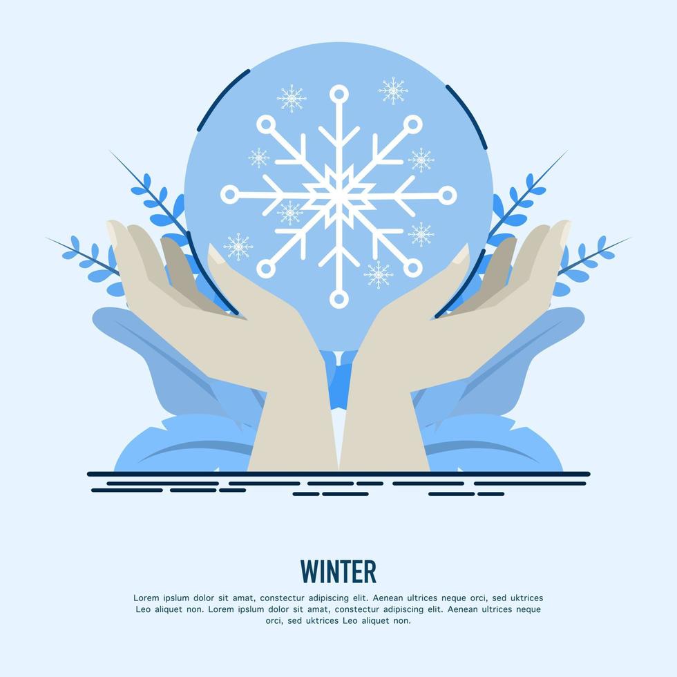 twee handen Holding ijs of sneeuw bal. knus winter illustratie. besneeuwd achtergrond. vector vlak tekenfilm illustratie. digitaal hand- getrokken.