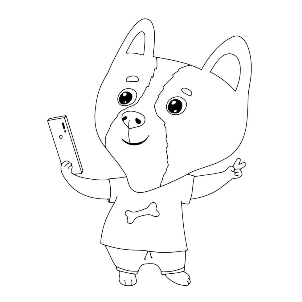 schattig hond corgi nemen selfie. dier karakter puppy in jeans en t-shirt met telefoon in hand. hand- getrokken schets illustratie geïsoleerd Aan wit voor kleur boek vector