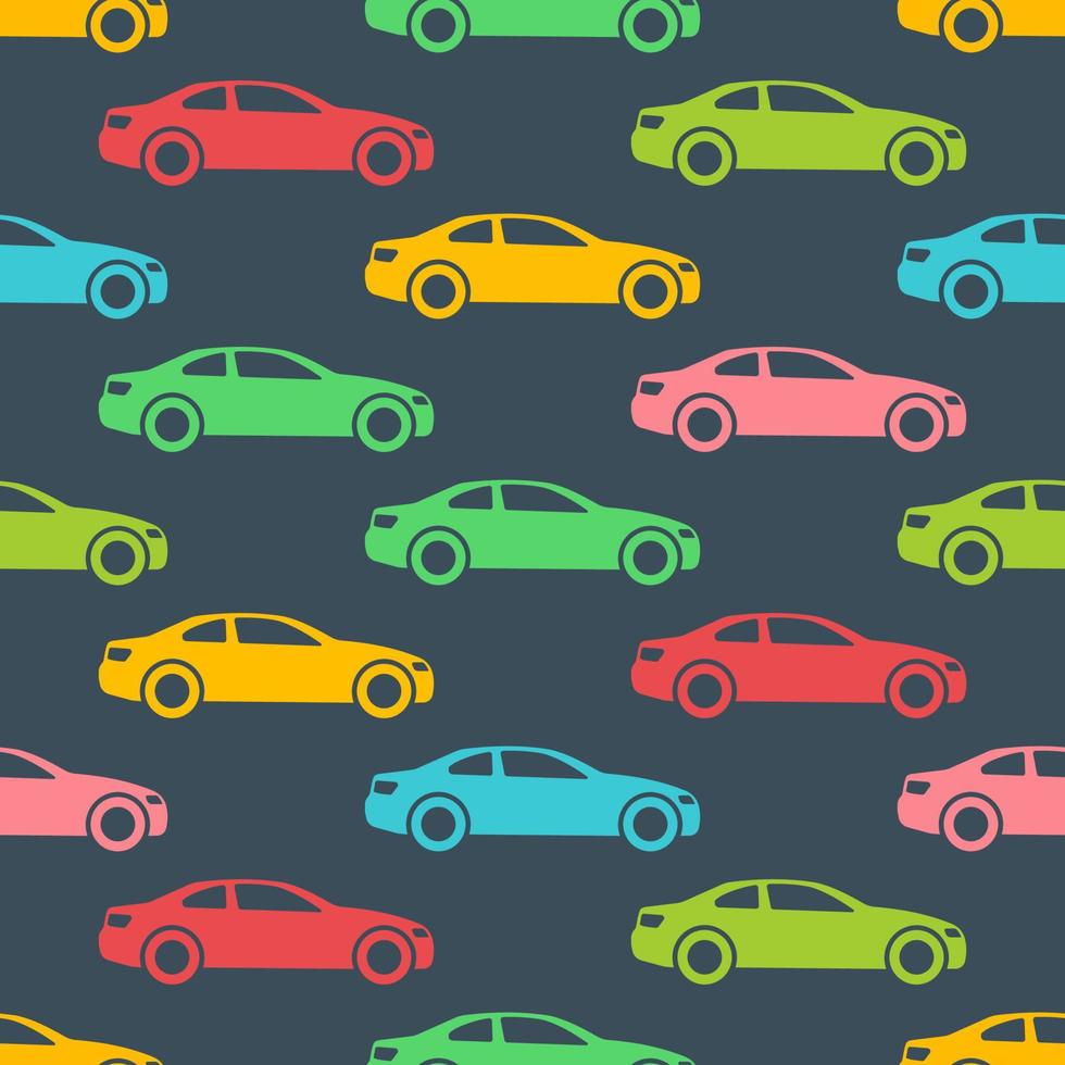 naadloos patroon met kleurrijk auto's Aan donker achtergrond. vector illustratie.