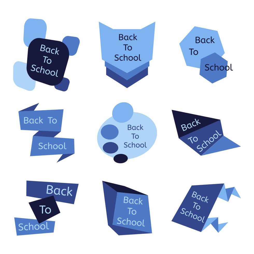 reeks van negen blauw terug naar school- insignes. school- etiketten en pictogrammen verzameling. vector illustratie.