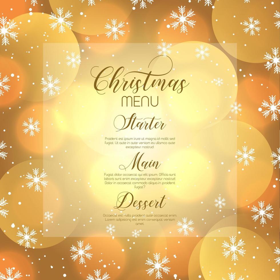 Kerstmis menu achtergrond met bokeh lichten en sneeuwvlokken ontwerp vector