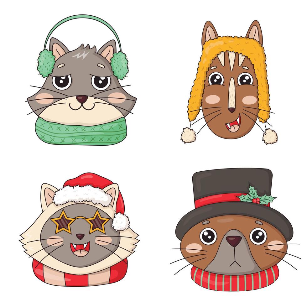 bundel van schattig hoofd van Kerstmis katten in gebreid hoeden met pompons en sjaals, hoed met top hoed en hulst, ster bril vector