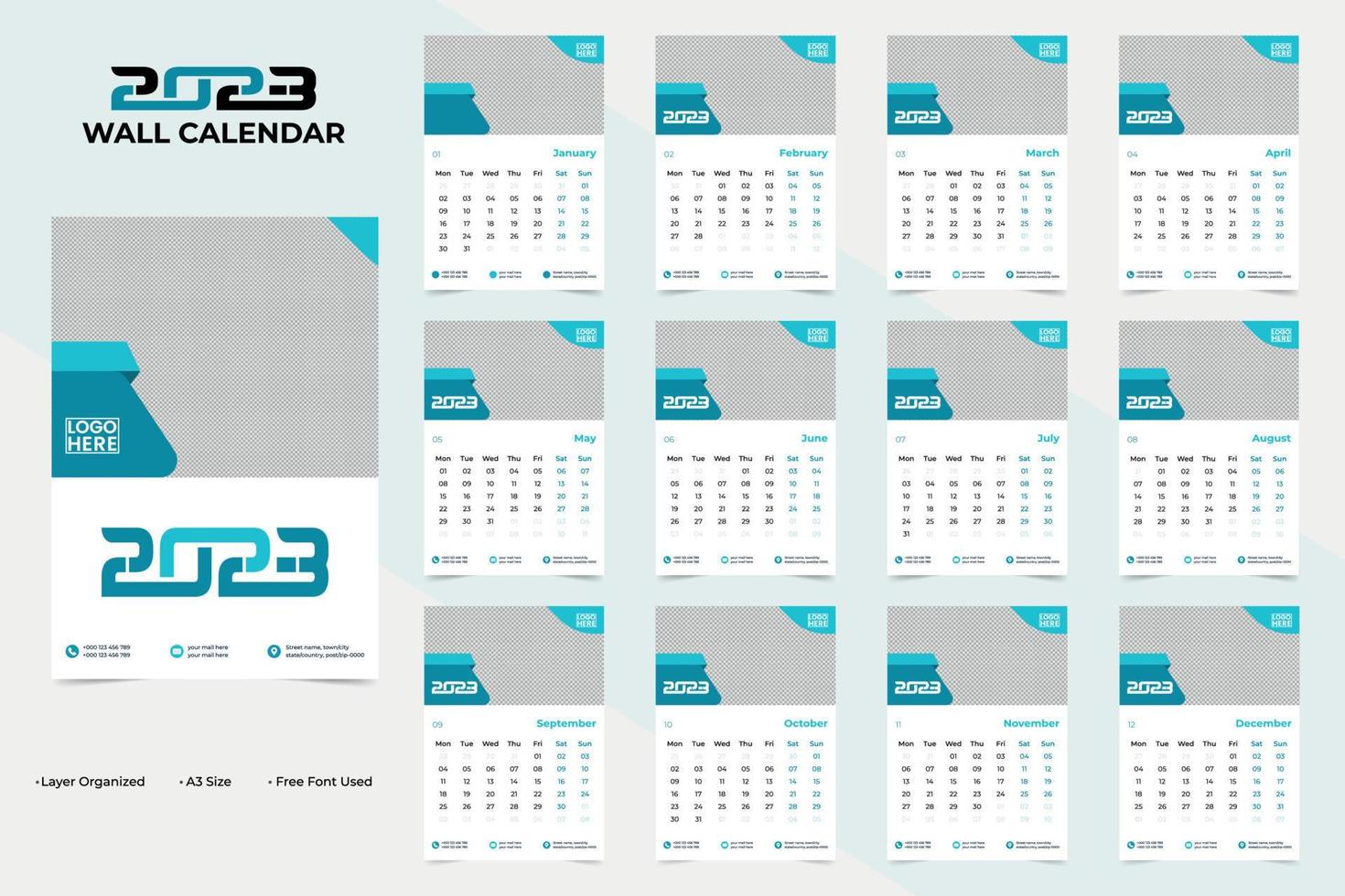 creatief modern 2023 nieuw jaar muur kalender ontwerp sjabloon vector