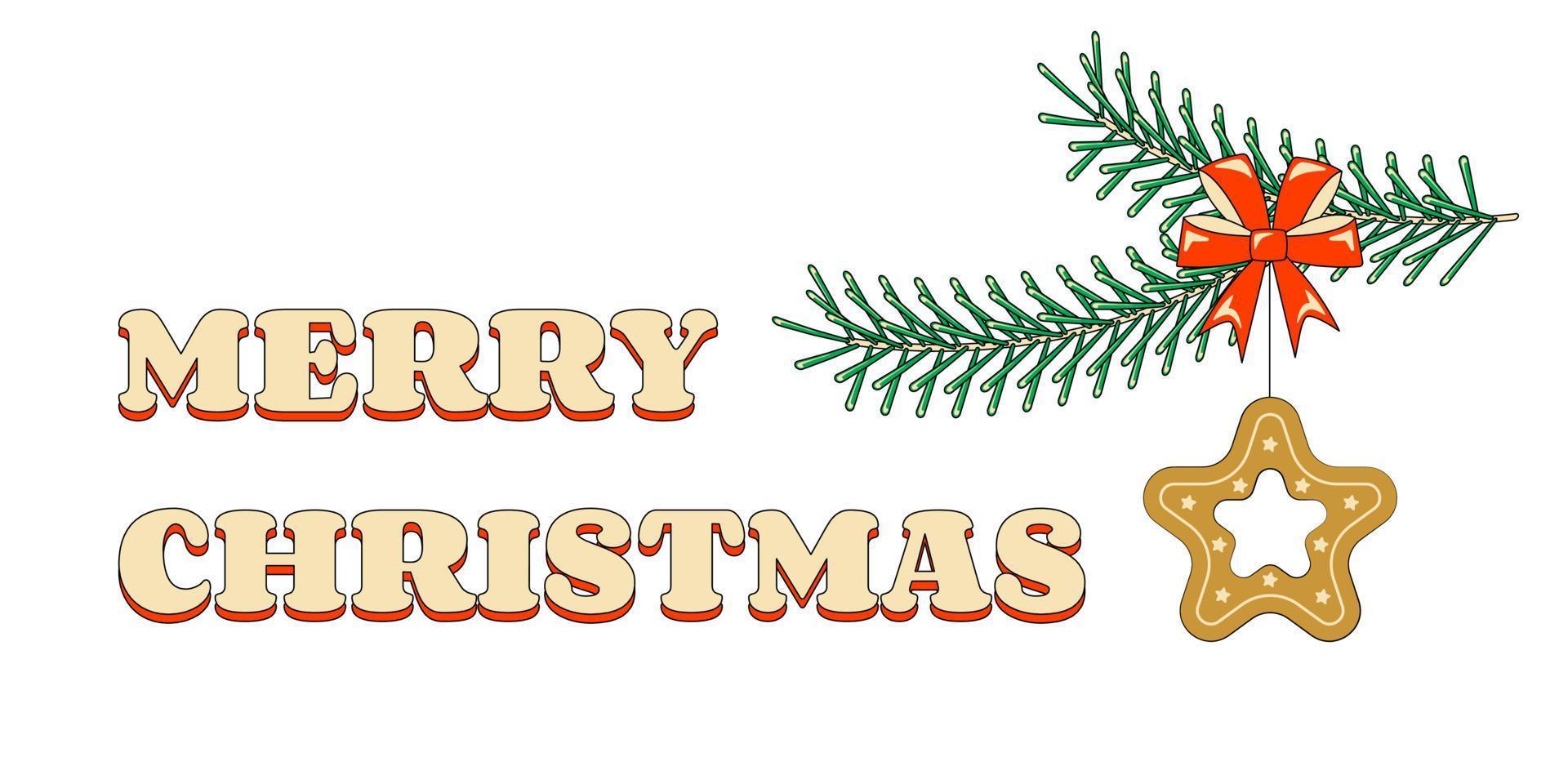 pijnboom Afdeling met Kerstmis boom speelgoed- peperkoek in de vorm van een ster met een rood boog groet vrolijk Kerstmis in retro stijl vector