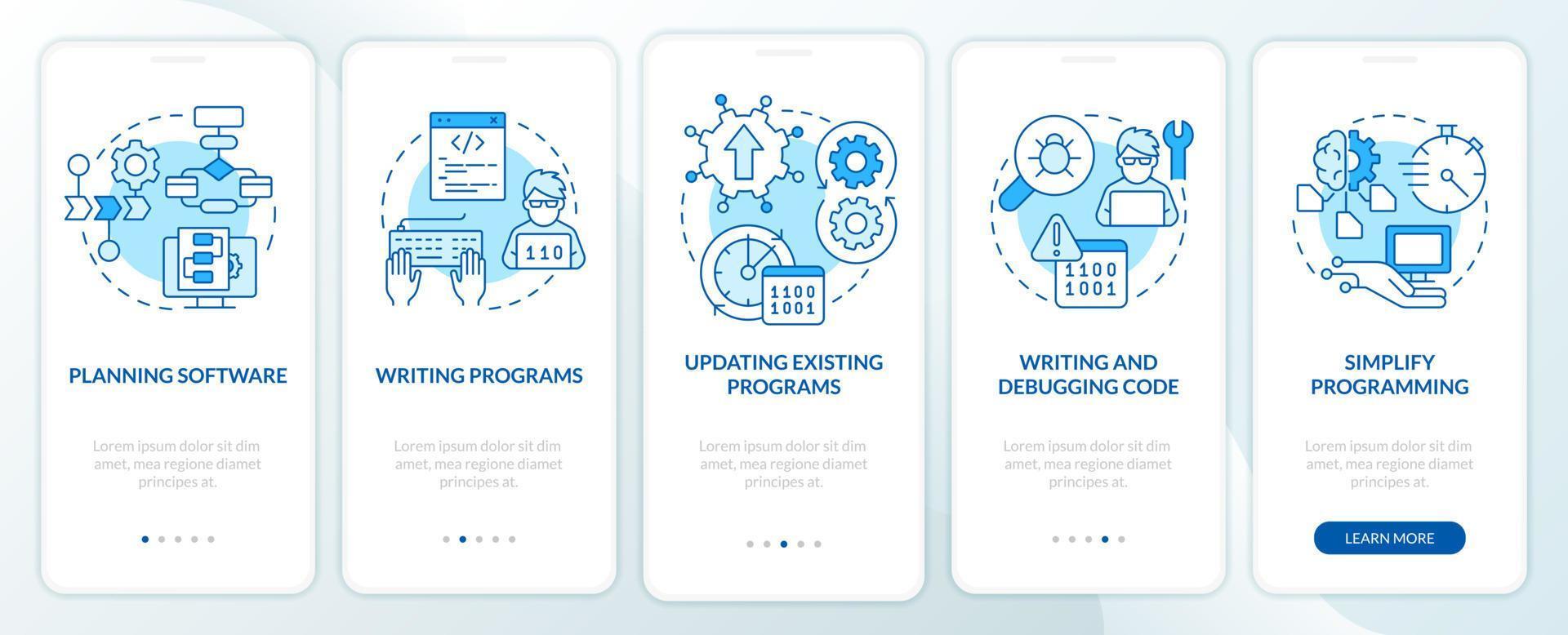 programmering vaardigheden blauw onboarding mobiel app scherm. programma ontwikkelen walkthrough 5 stappen grafisch instructies Pagina's met lineair concepten. ui, ux, gui sjabloon. vector