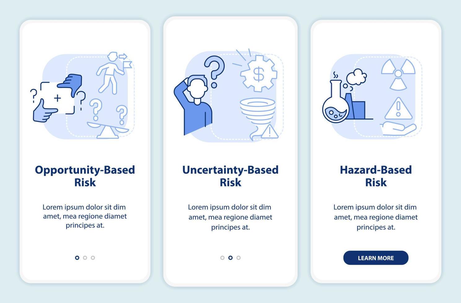 risico's types licht blauw onboarding mobiel app scherm. problemen analyseren walkthrough 3 stappen grafisch instructies Pagina's met lineair concepten. ui, ux, gui sjabloon. vector