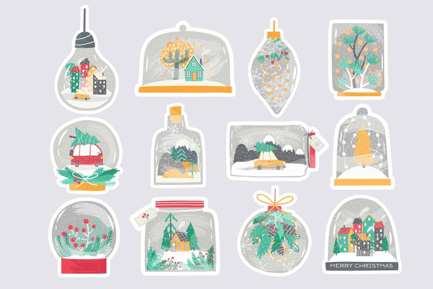 een reeks van hand getekend sneeuw bollen stickers. kerstmis, Hudelitsa, vakantie. vector vlak illustratie.