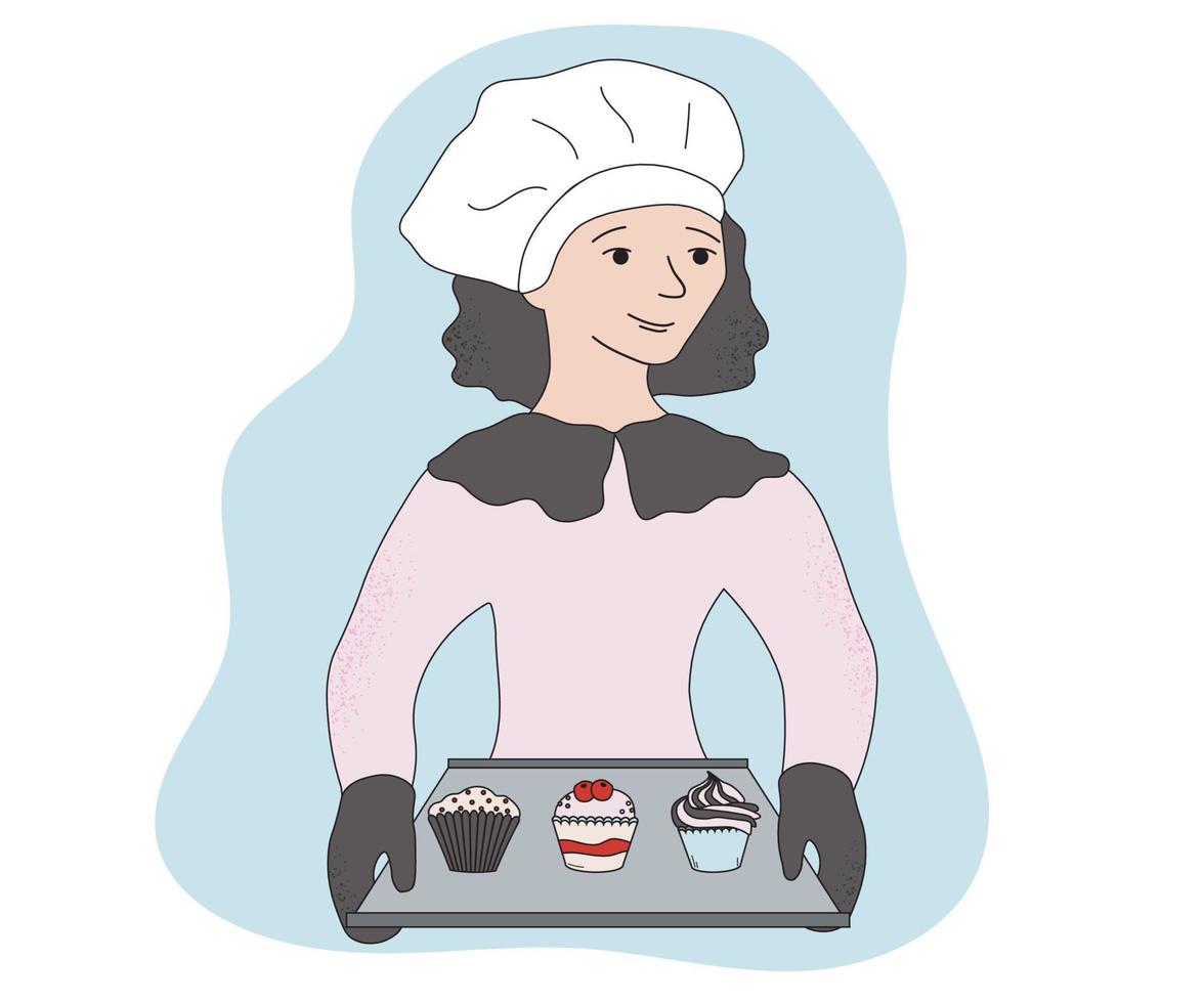 een meisje bakker of gebakje chef met een dienblad van heerlijk cakes en pannekoeken vector